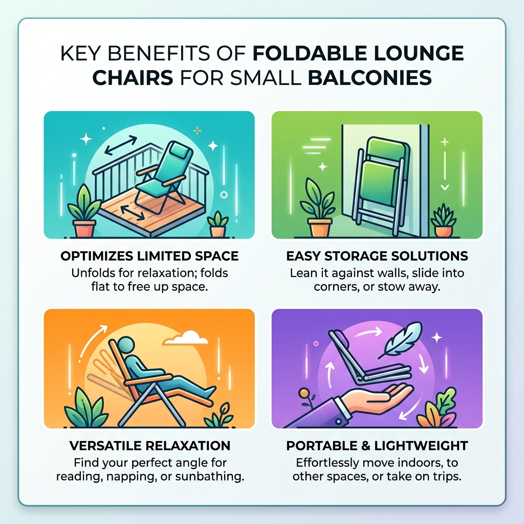 Infographic showing key benefits of foldable lounge chairs for small balconies - balcony foldable lounge chair infographic 
