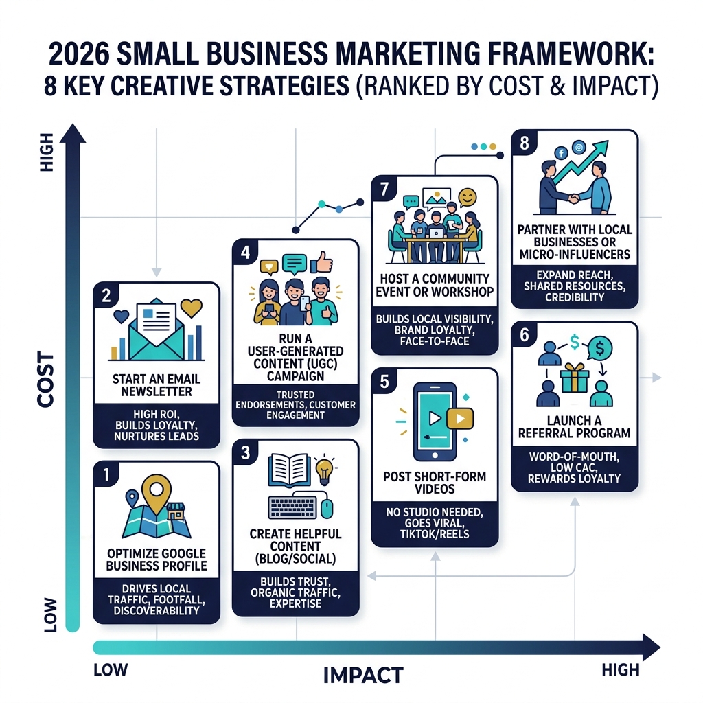 Infographic showing 2026 small business marketing framework with 8 key creative strategies ranked by cost and impact Infographic showing 2026 small business marketing framework with 8 key creative strategies ranked by cost and impact