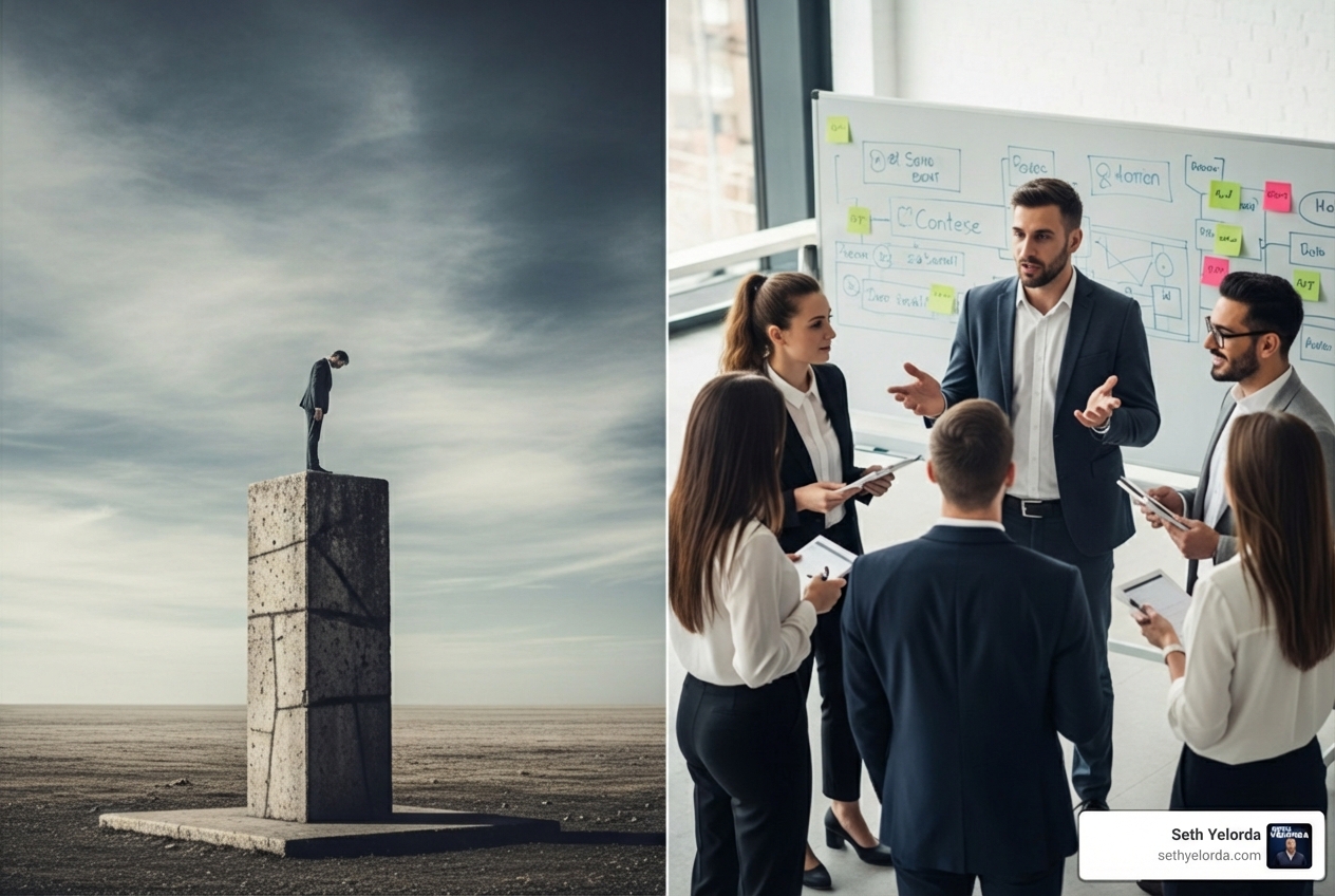 a single person on a pedestal vs. a leader within a team circle - Leadership Isn’t a Title—It’s a Skillset That Must Be Trained