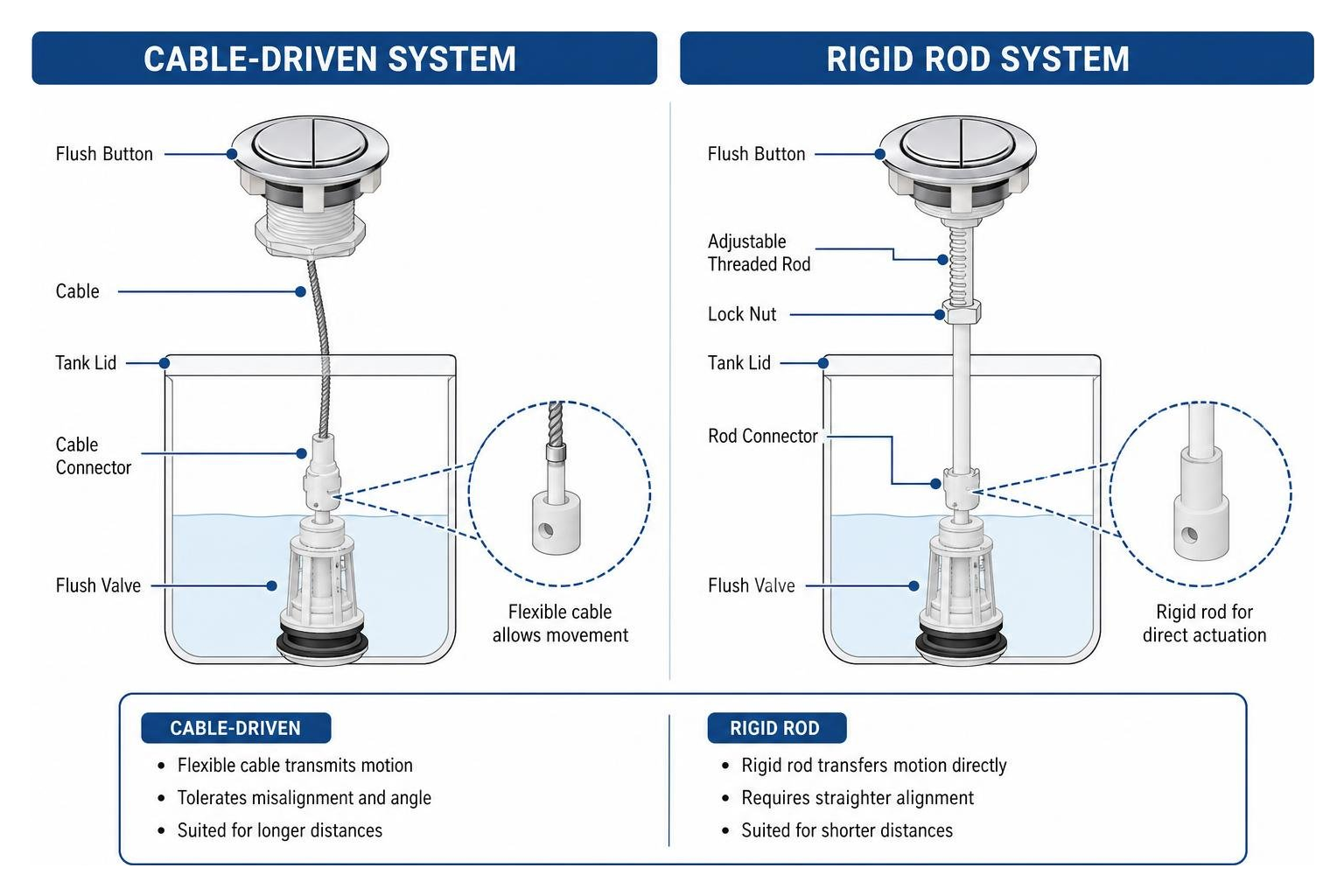 A diagram showing the difference between a cable-driven flush valve and a rigid rod actuator system A diagram showing the difference between a cable-driven flush valve and a rigid rod actuator system