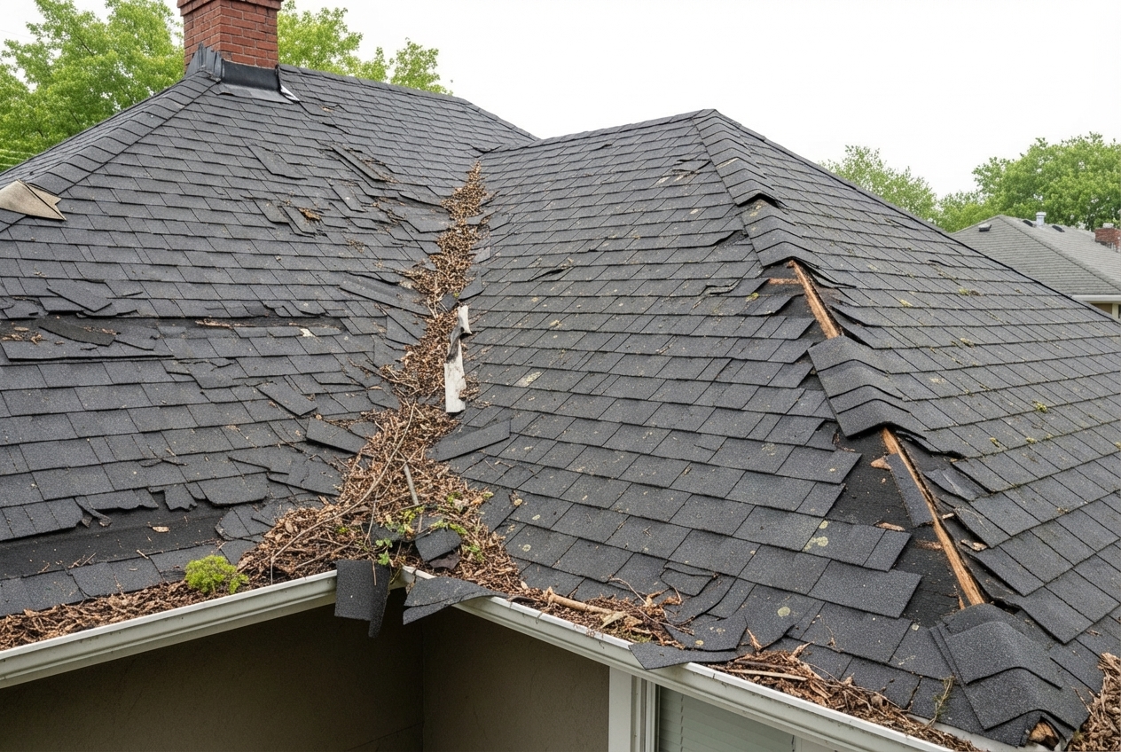 Infographic showing the 5 key signs of roof damage homeowners should not ignore: missing or damaged shingles, water stains on ceilings or walls, granules in gutters, sagging roof sections, and active leaks during rainfall - residential roof repair in montclair, nj Damaged residential roof with missing shingles and debris, illustrating common roof issues faced by homeowners in Montclair, NJ.