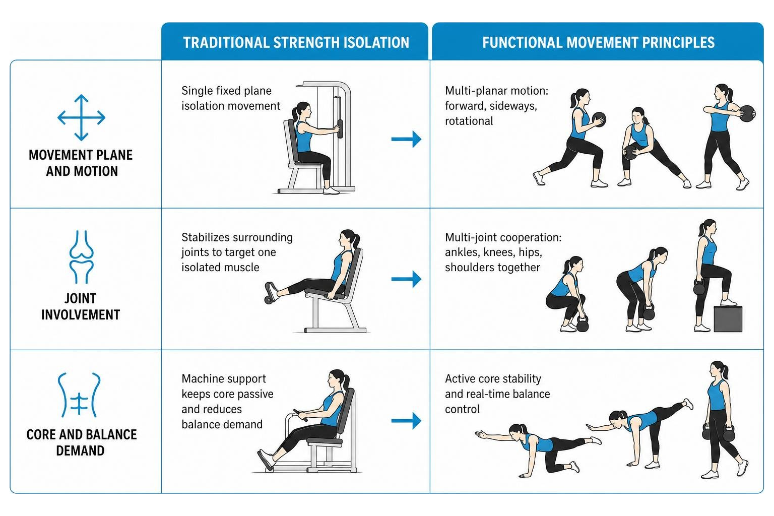 Comparison showing traditional strength isolation versus functional movement principles Comparison showing traditional strength isolation versus functional movement principles