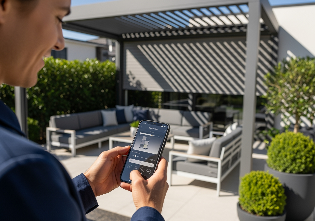 person adjusting pergola louvers with smartphone - luxury pergolas