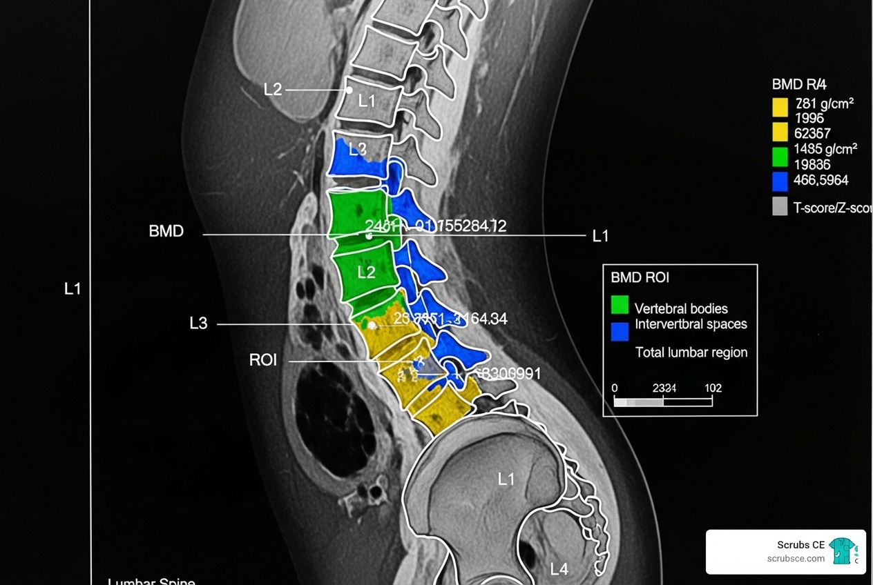 A DXA scan of the lumbar spine with regions of interest (ROI) highlighted, showing bone mineral density measurements. - Bone Densitometry CE A DXA scan of the lumbar spine with regions of interest (ROI) highlighted, showing bone mineral density measurements. - Bone Densitometry CE