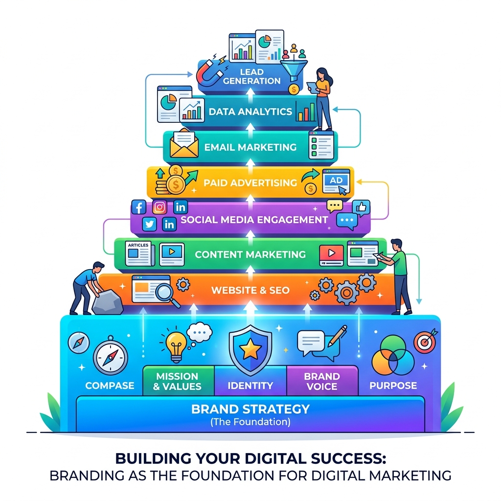 Infographic showing brand strategy as foundation with digital marketing tactics layered on top - digital marketing and Infographic showing brand strategy as foundation with digital marketing tactics layered on top - digital marketing and