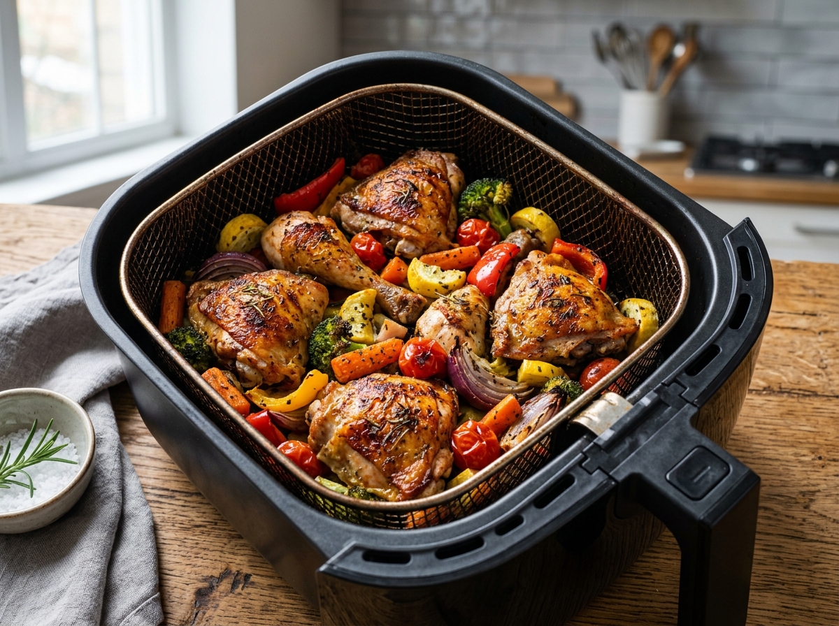 Roasted chicken and vegetables in an air fryer basket - air fryer meal prep ideas