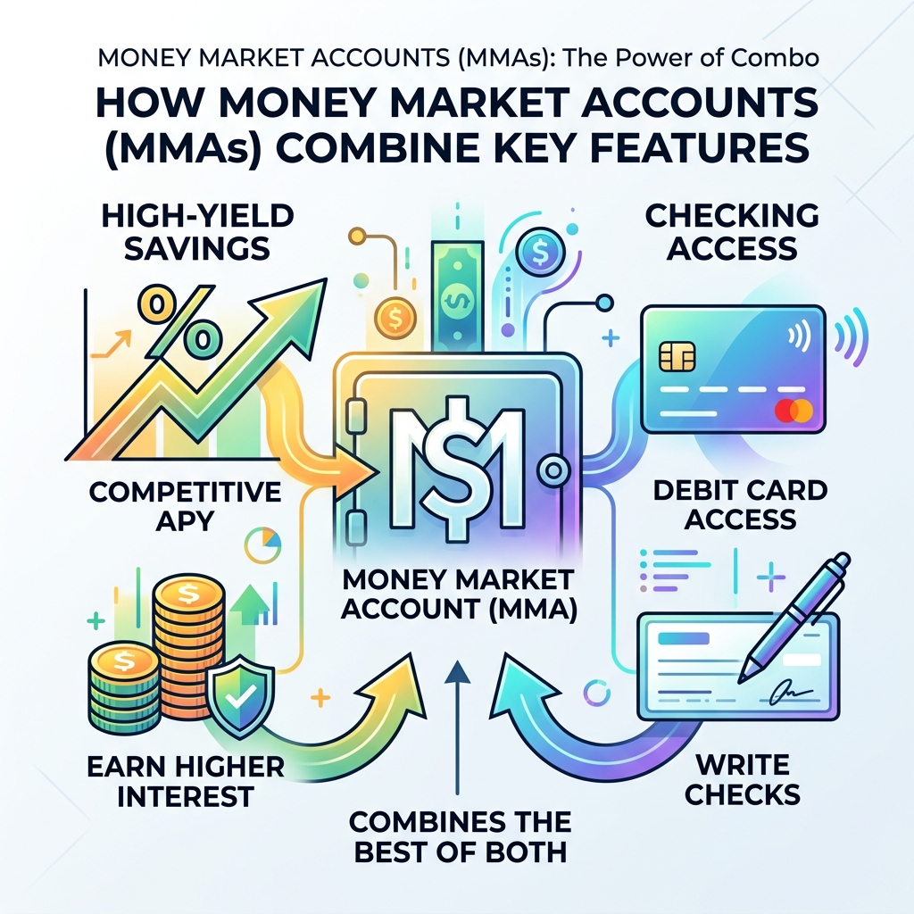 Infographic showing how money market accounts combine high-yield savings with checking features like debit cards and checks