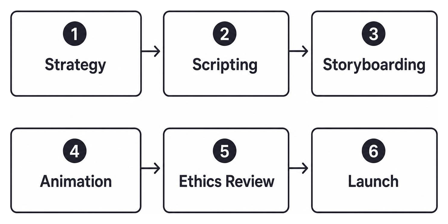 Legal video production pipeline: Strategy, Scripting, Storyboarding, Animation, Ethics Review, Launch