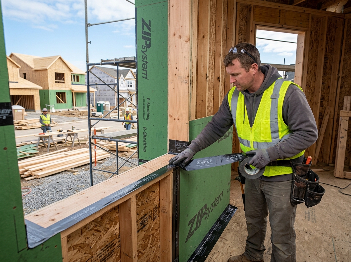 Image of a professional installer applying flashing tape to a window rough opening before siding installation - siding Image of a professional installer applying flashing tape to a window rough opening before siding installation - siding