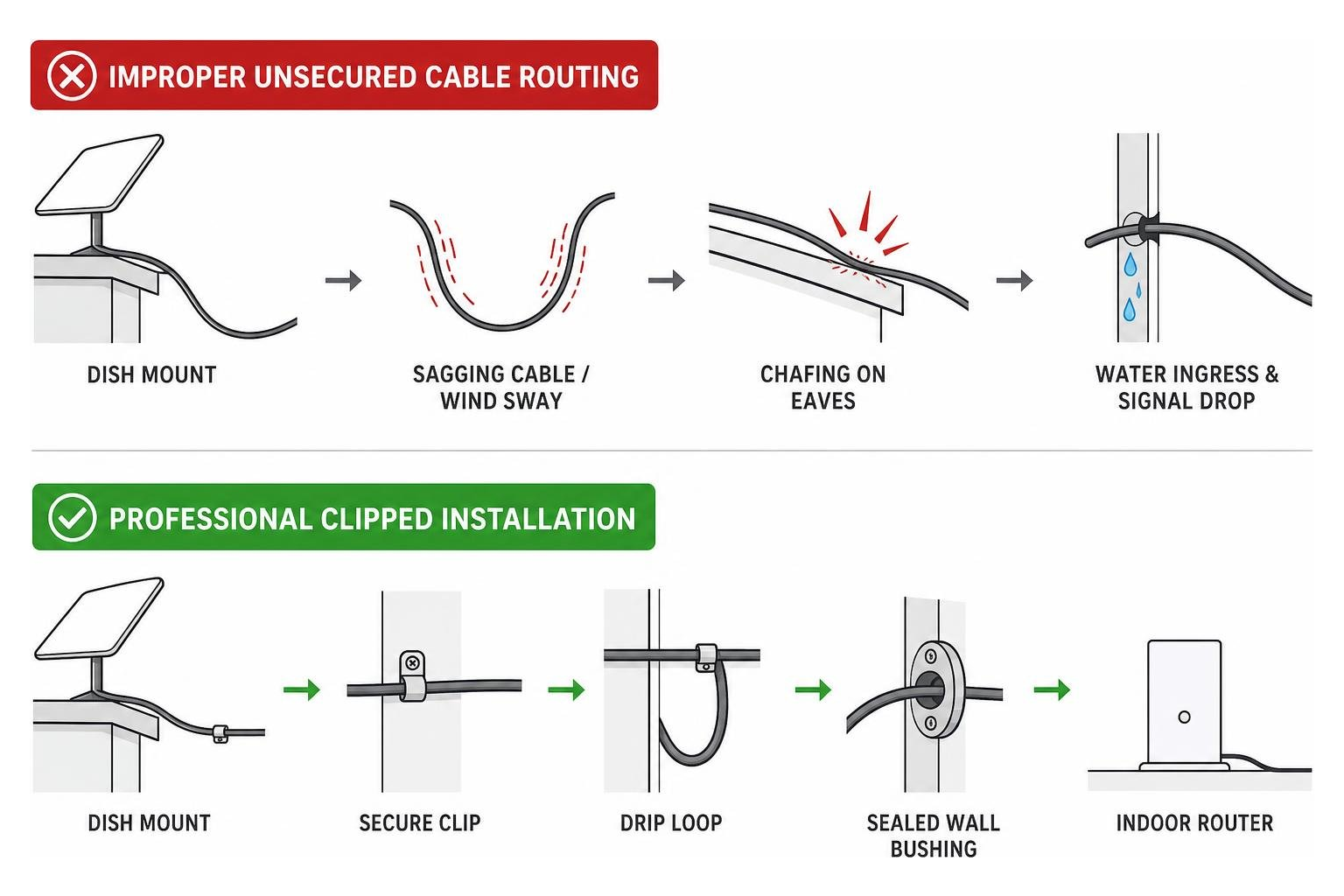 Comparison of improper unsecured cable routing versus professional clipped installation