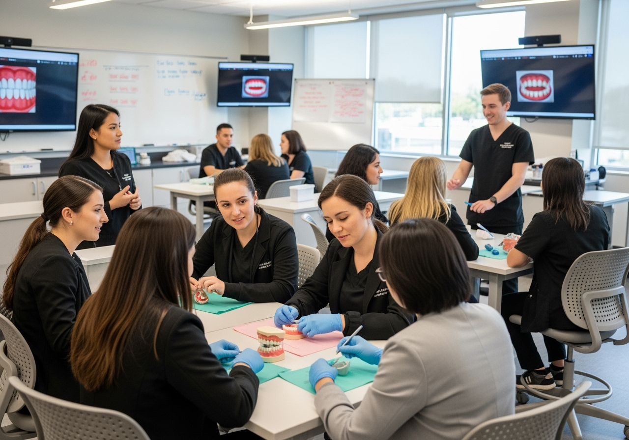 Diverse group of dental hygiene students in a classroom setting - dental hygiene jobs