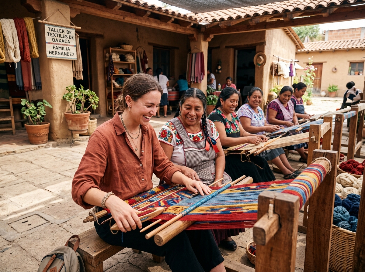 Solo traveler participating in a local weaving workshop in Mexico - solo traveler cultural bridges