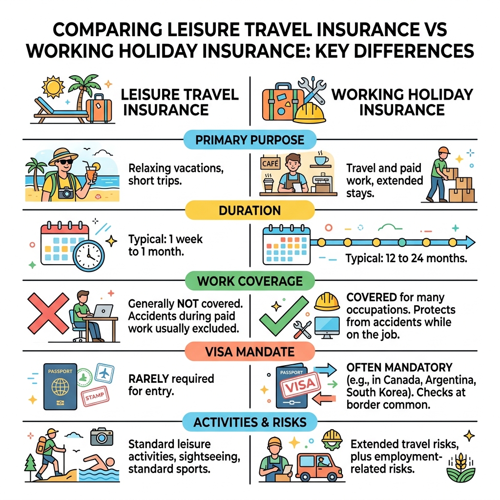Infographic comparing leisure travel insurance vs working holiday insurance key differences - working holiday insurance Infographic comparing leisure travel insurance vs working holiday insurance key differences - working holiday insurance