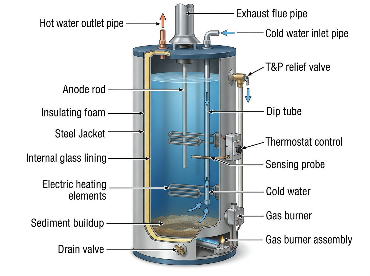 water heater tank diagram showing sediment and internal parts