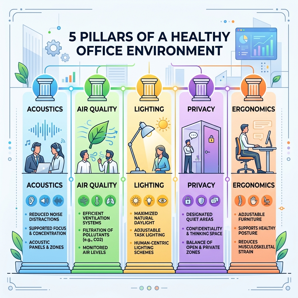 5 pillars of a healthy office environment: acoustics, air quality, lighting, privacy, ergonomics - healthy office