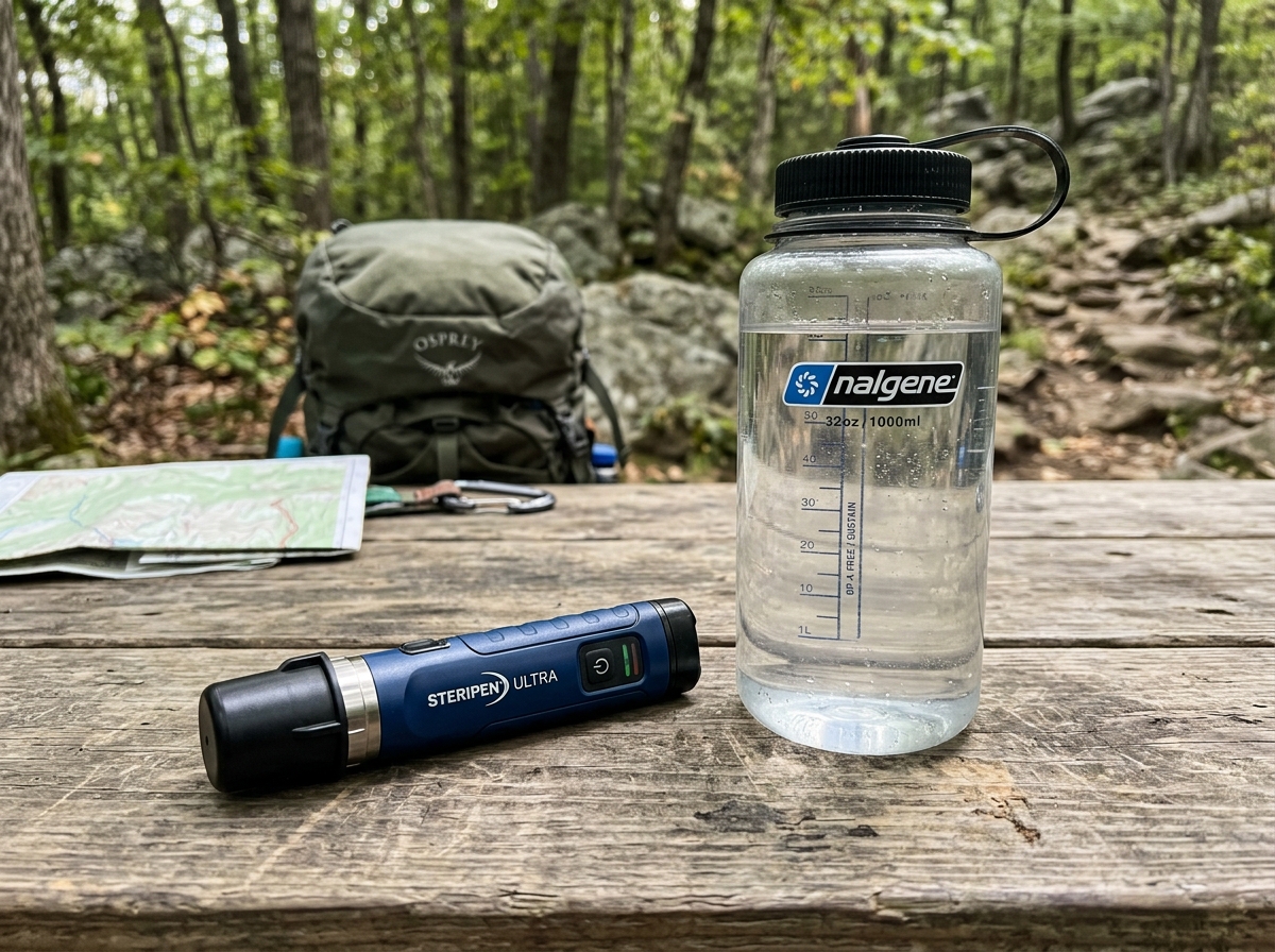 A compact UV pen sitting next to a standard 1L wide-mouth water bottle - compact uv purifier hiking A compact UV pen sitting next to a standard 1L wide-mouth water bottle - compact uv purifier hiking