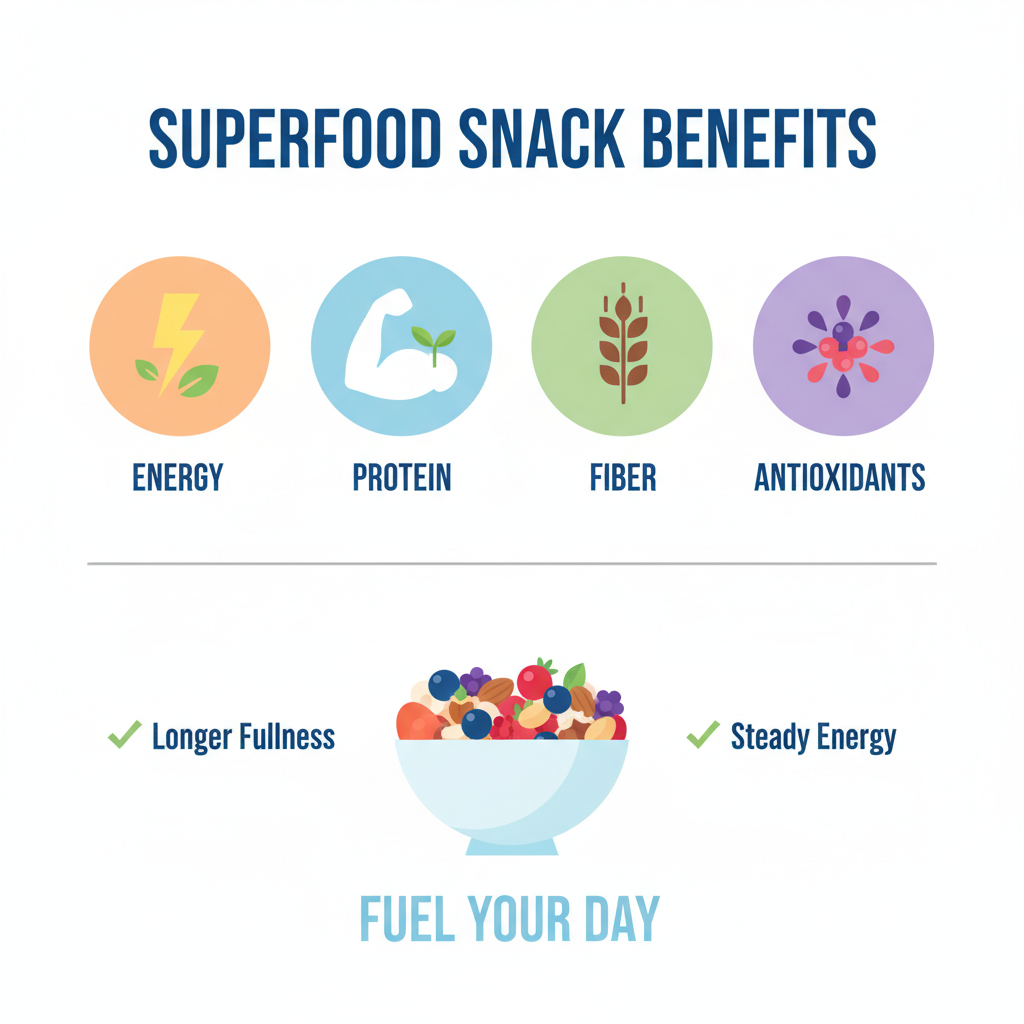 Benefits of superfood snacking including energy, protein, fiber, and antioxidants infographic - superfood snack ideas