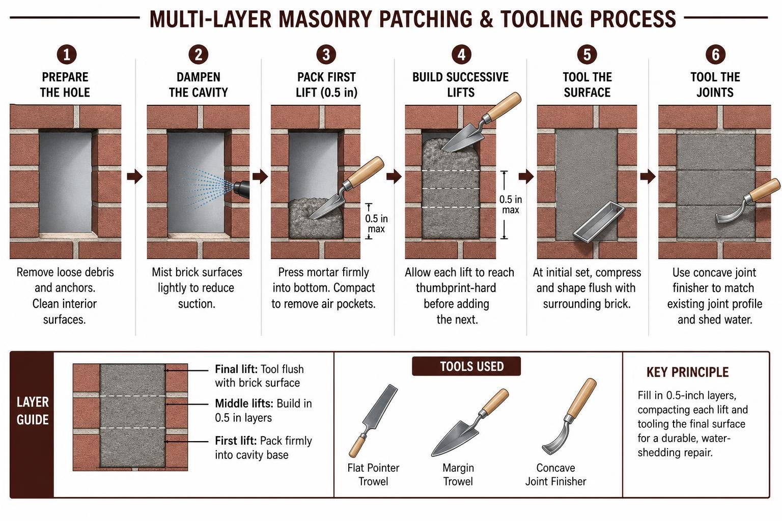 Diagram of the multi-layer masonry patching and tooling process Diagram of the multi-layer masonry patching and tooling process