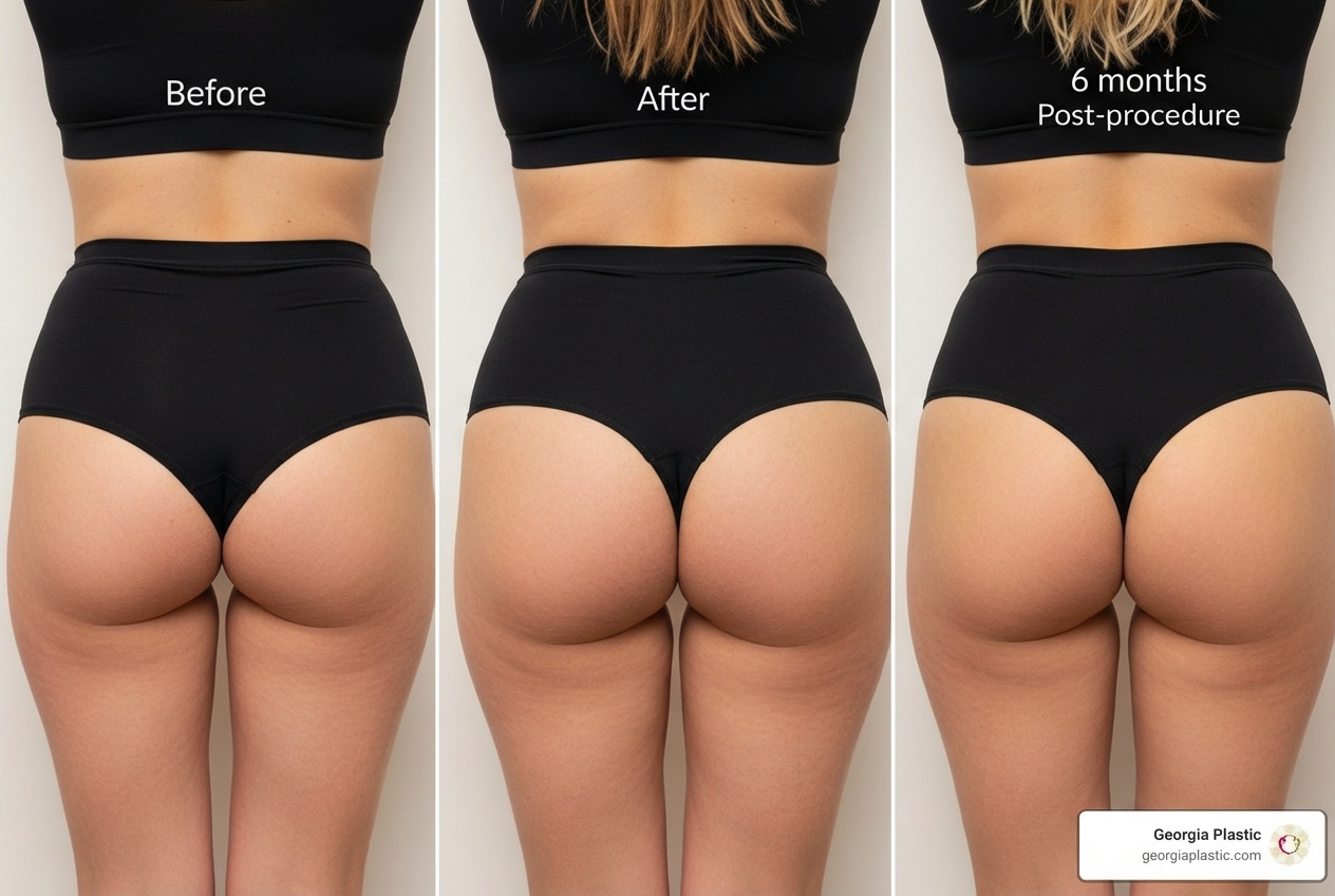 Split view image showing a person's buttocks before BBL, immediately after BBL (with some swelling), and 6 months after BBL (final, refined results) - Brazilian butt lift recovery Split view image showing a person's buttocks before BBL, immediately after BBL (with some swelling), and 6 months after BBL (final, refined results) - Brazilian butt lift recovery