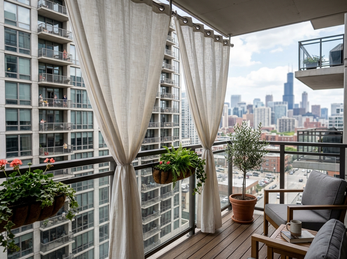 apartment balcony curtains blocking the view from a neighboring building - apartment balcony privacy curtains