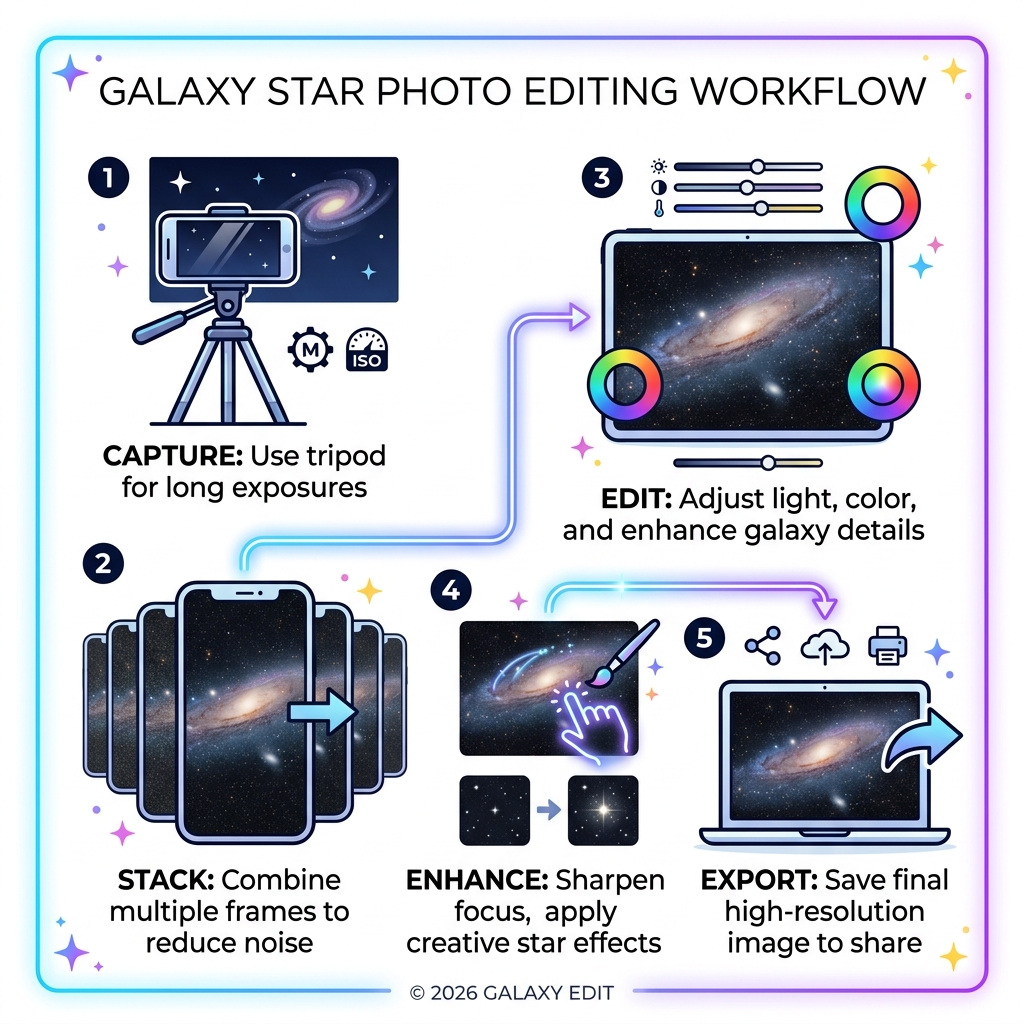 Galaxy star photo editing workflow: capture, stack, edit, enhance, export - galaxy star photo editing infographic Galaxy star photo editing workflow: capture, stack, edit, enhance, export - galaxy star photo editing infographic