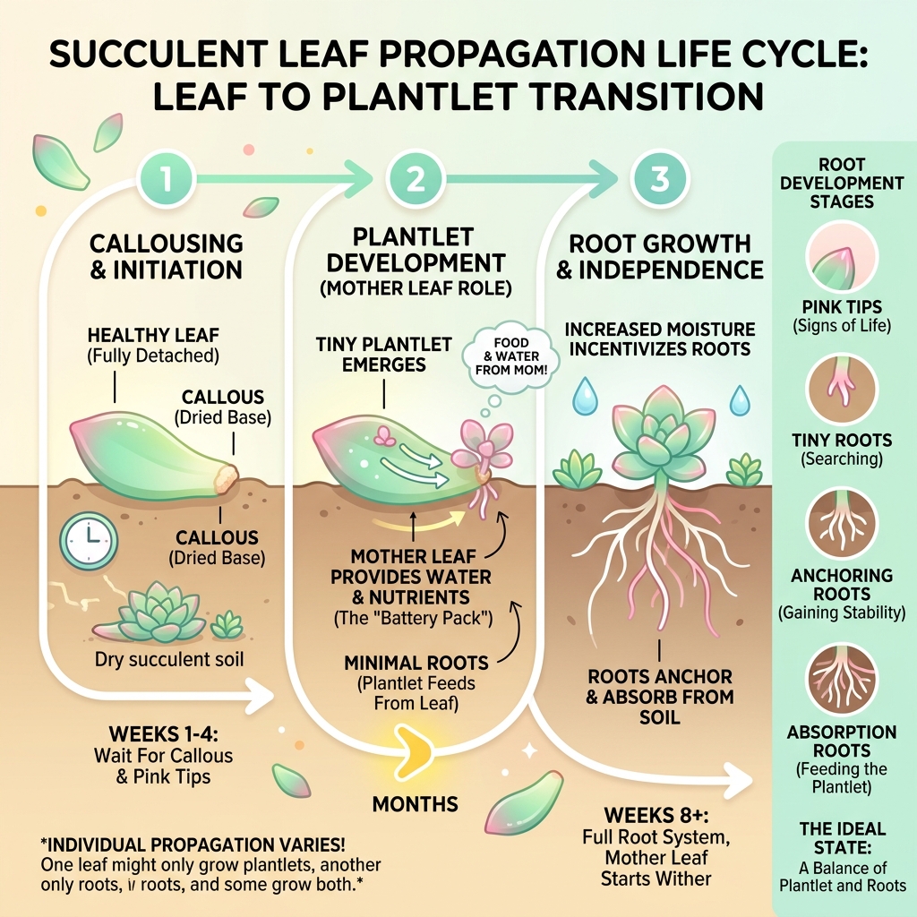 Succulent leaf propagation life cycle showing leaf to plantlet transition, mother leaf role, and root stages - succulent