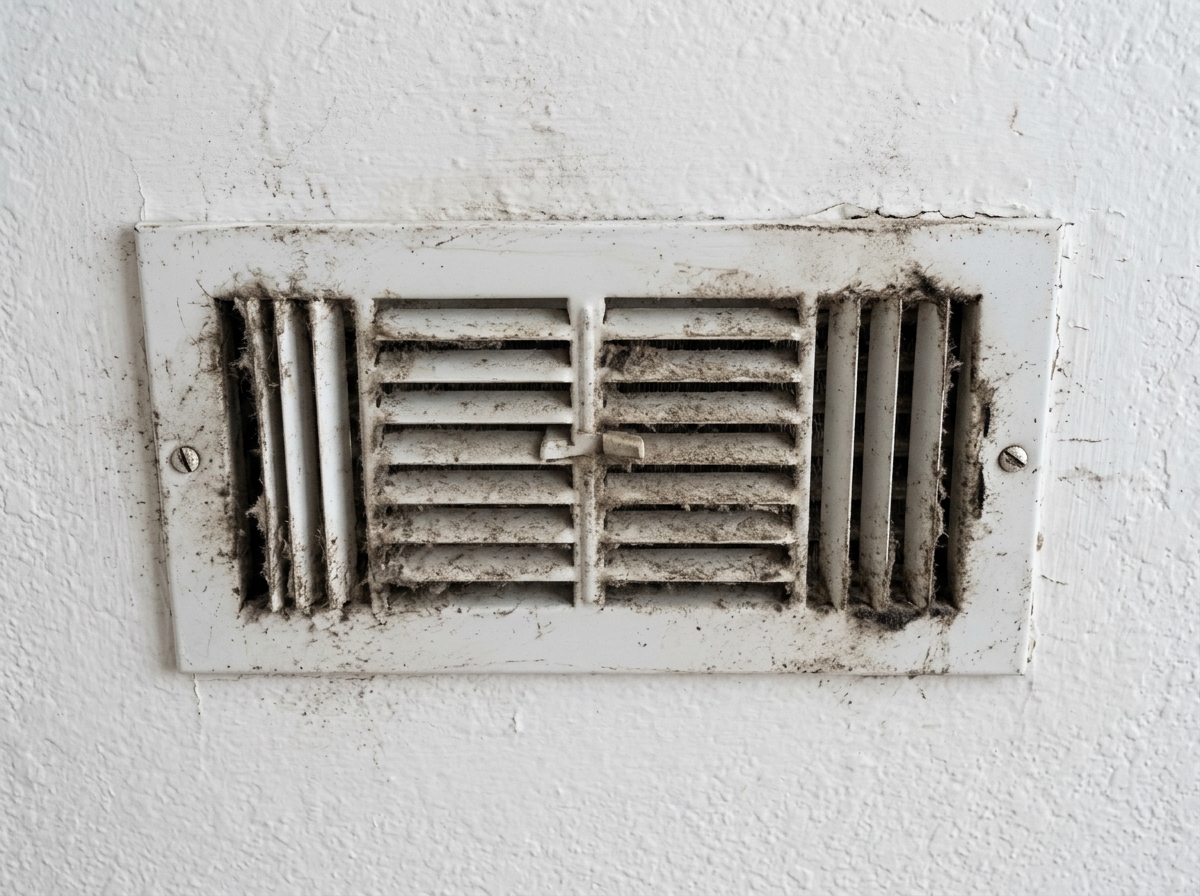 dusty air vent register on a white ceiling - air duct leak repair