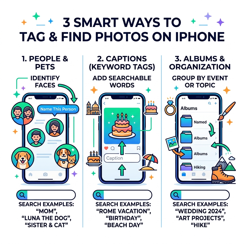 Three types of iPhone photo tagging: People & Pets, Captions, and Albums with search examples - tag photos iphone