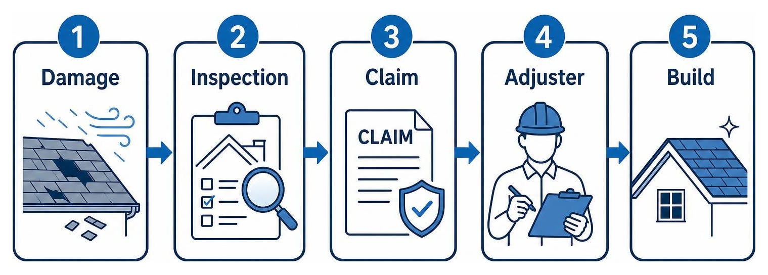 Roof insurance claim sequence: damage, inspection, claim, adjuster, build