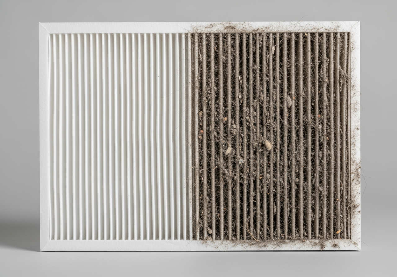 clean air filter next to a clogged one - heating and cooling maintenance