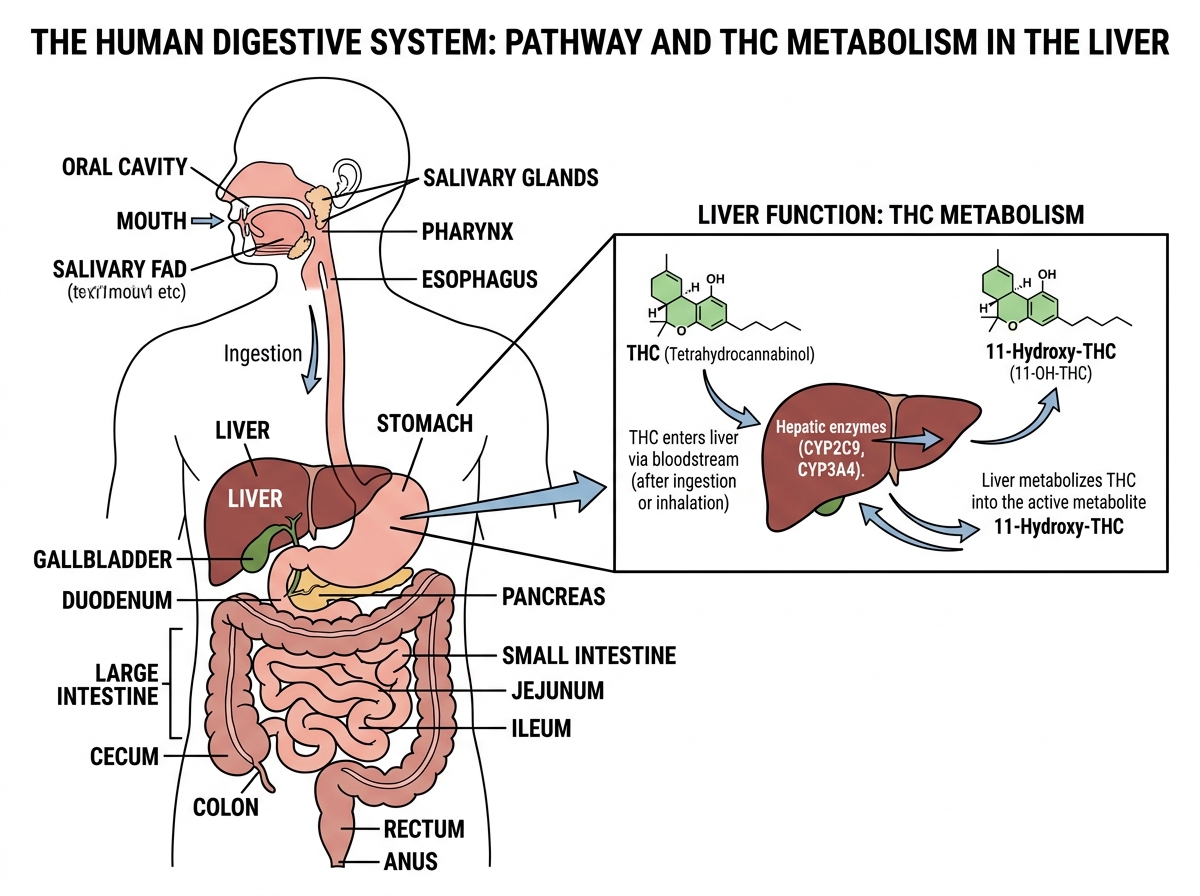 Diagram of the human digestive system highlighting the liver's role in processing THC - Edibles for beginners Diagram of the human digestive system highlighting the liver's role in processing THC - Edibles for beginners