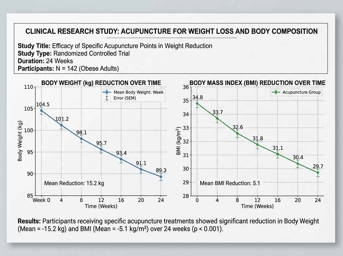 Clinical research data showing BMI and weight reduction over time - acupuncture weight loss Clinical research data showing BMI and weight reduction over time - acupuncture weight loss