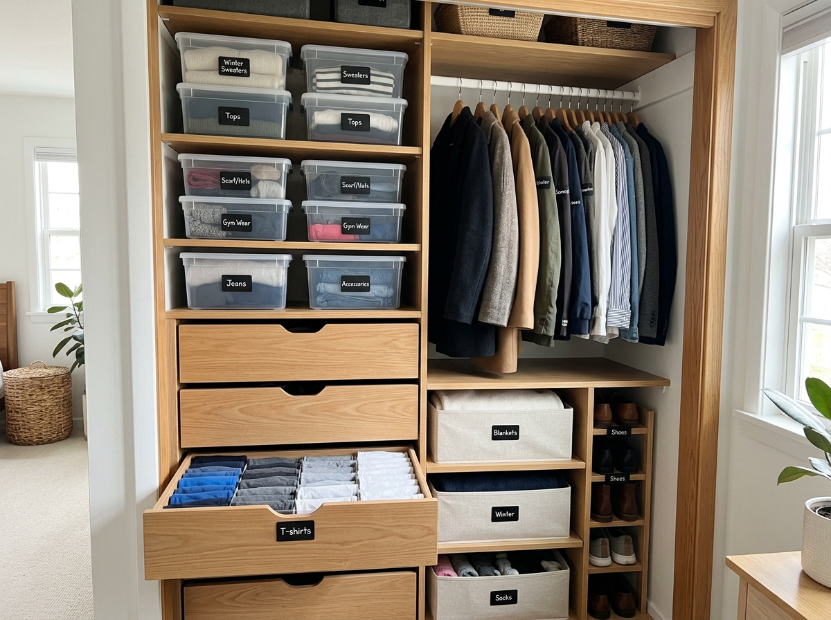 Image of a perfectly organized small closet with file-folded drawers and labeled bins - best way to store clothes in small