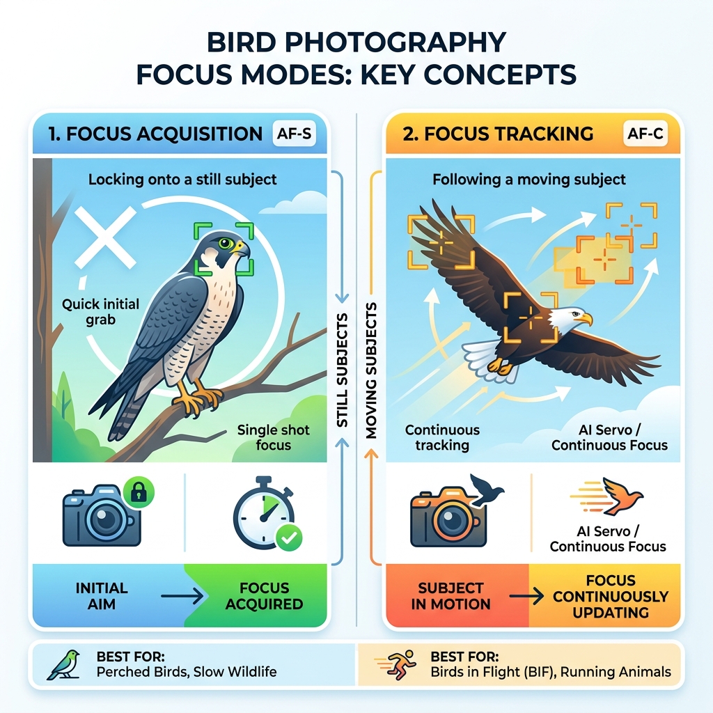 Infographic showing focus acquisition vs focus tracking in bird photography modes - bird photography focus mode infographic 