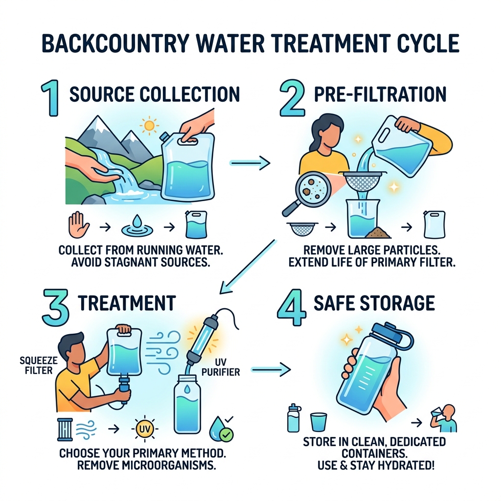 Backcountry water treatment cycle infographic showing source collection, pre-filtration, treatment, and safe storage steps