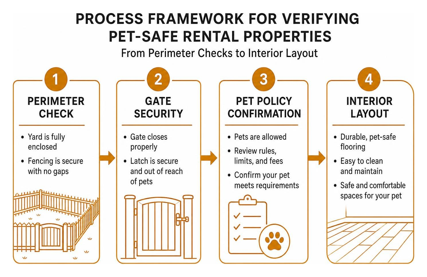 Process framework for verifying pet-safe rental properties from perimeter checks to interior layout