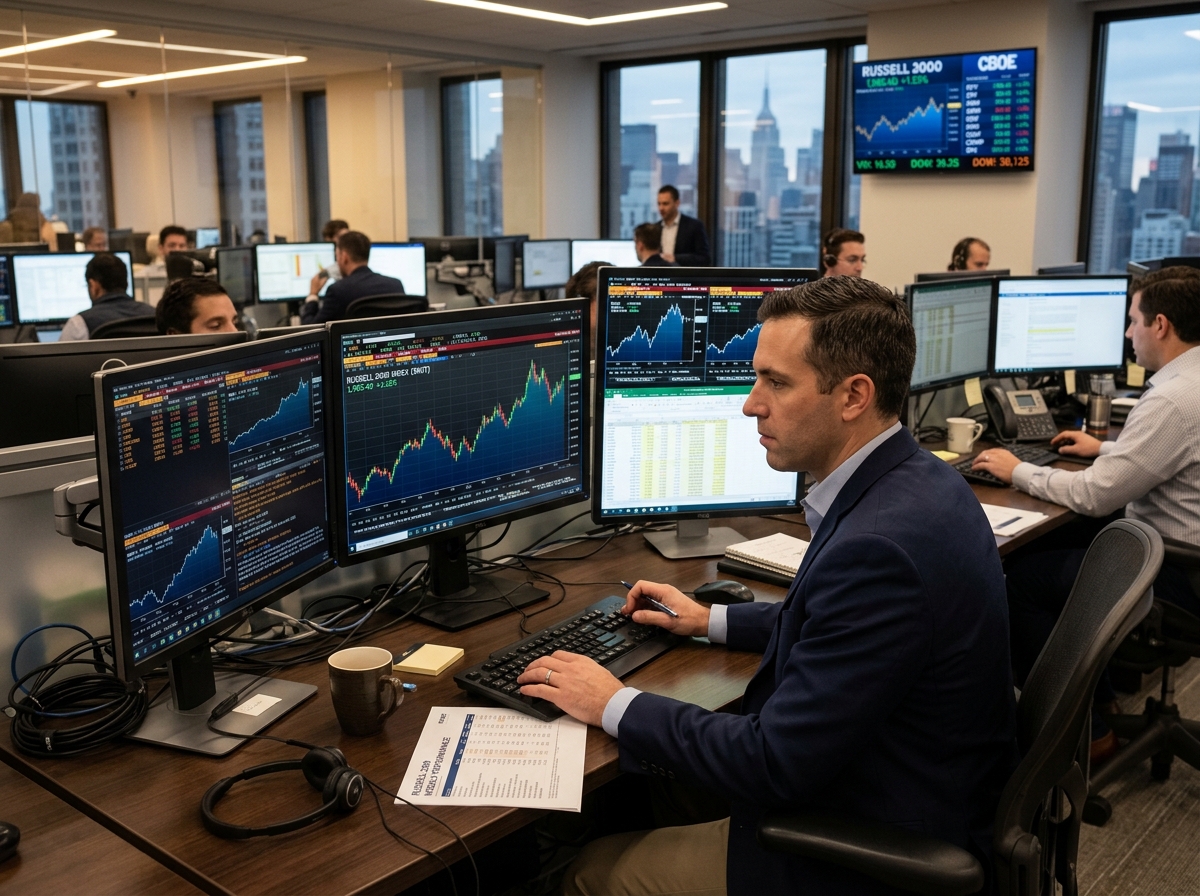 Financial analyst reviewing Russell 2000 small caps data on multiple monitors - Russell 2000 small caps