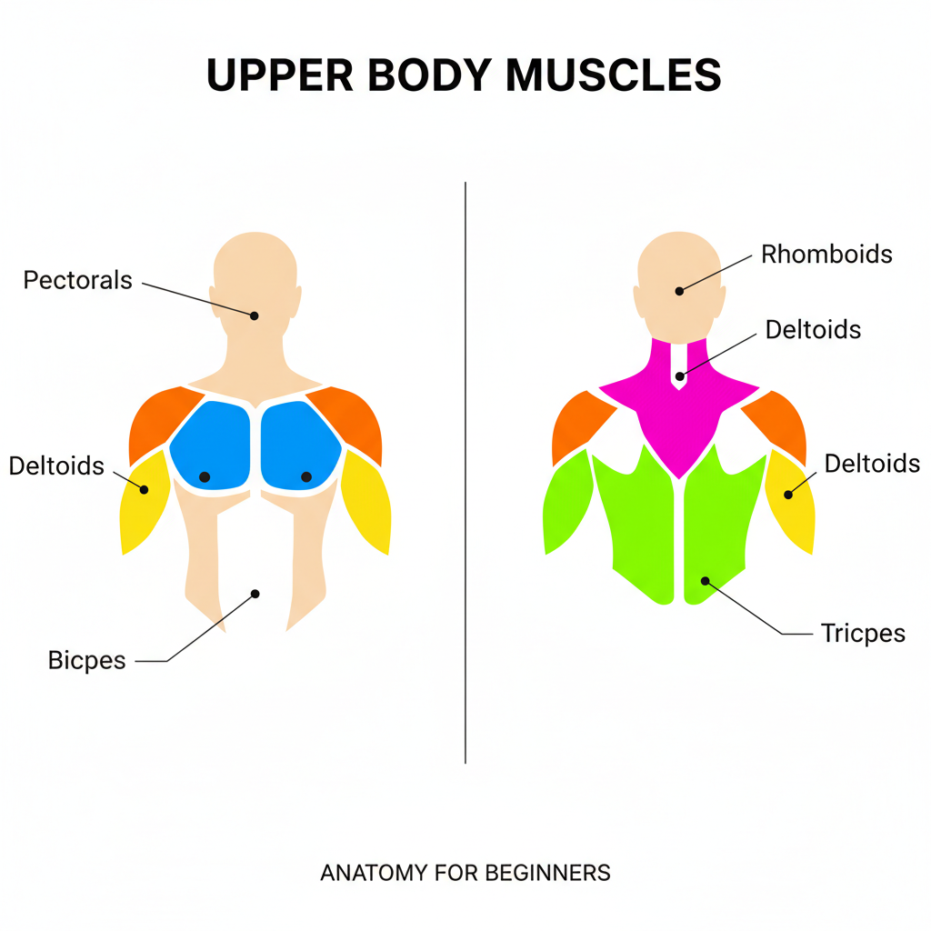 Anatomy of upper body muscles including lats, rhomboids, deltoids, pectorals, biceps, and triceps - upper body exercises for