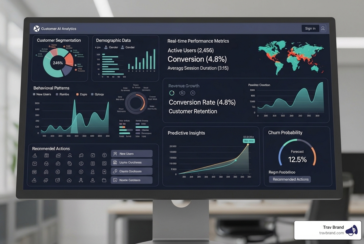An AI-powered analytics dashboard showing customer segmentation by demographics, behavior, and preferences, with real-time performance metrics and predictive insights. - Comprehensive marketing services
