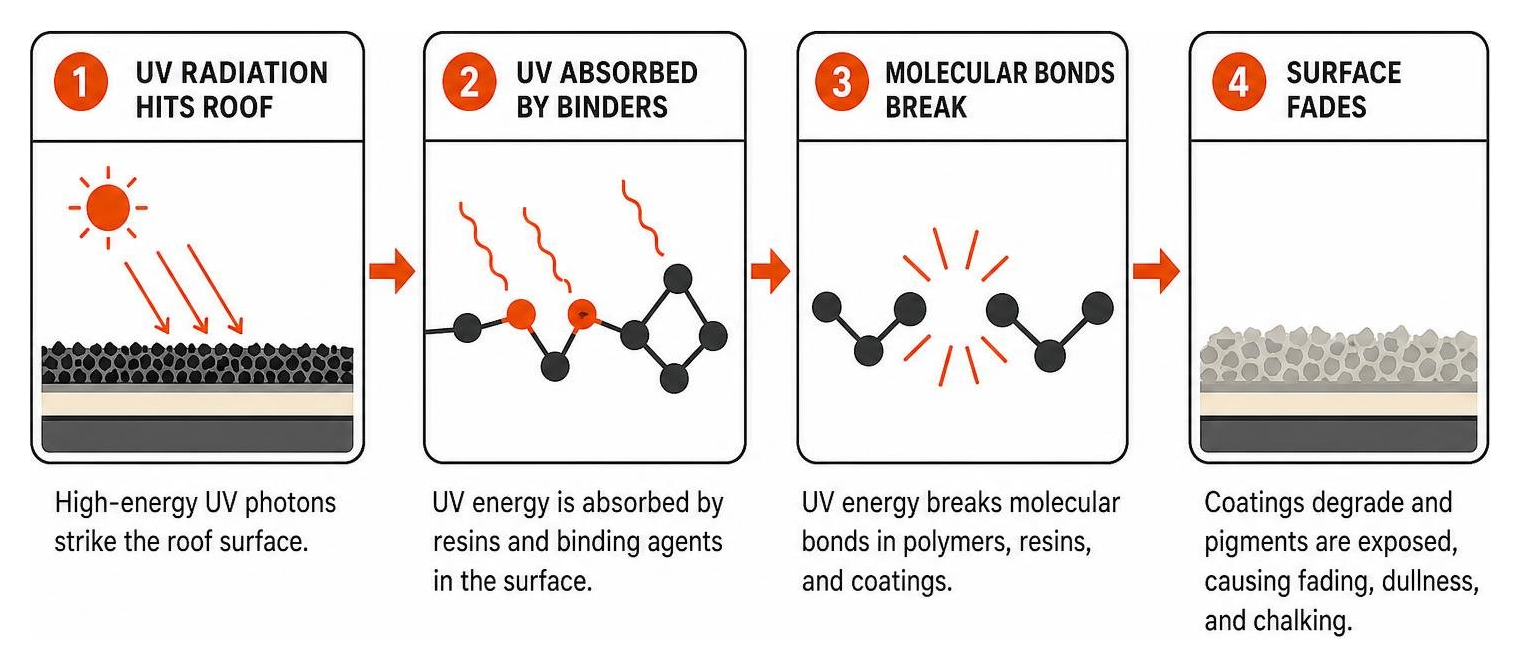 Diagram of UV radiation breaking molecular bonds causing roof fading