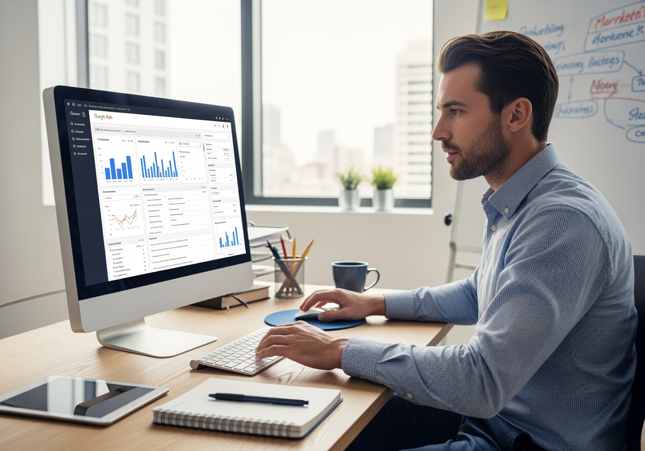 A person analyzing a Google Ads dashboard with charts and metrics - google adwords expert Digital marketing professional analyzing Google Ads performance metrics on a desktop computer, focused on optimizing paid search strategies for business growth.