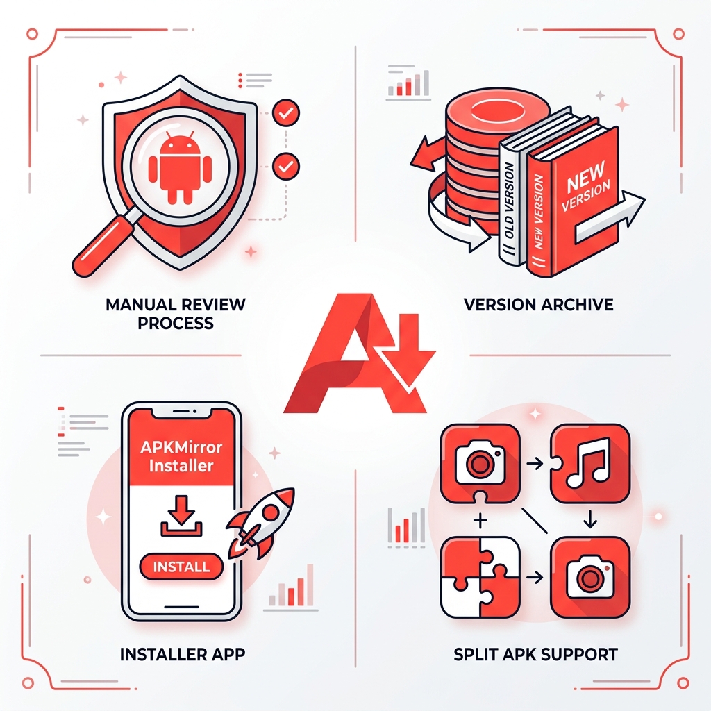 Infographic showing APKMirror store overview: manual review process, split APK support, version archive, and installer app