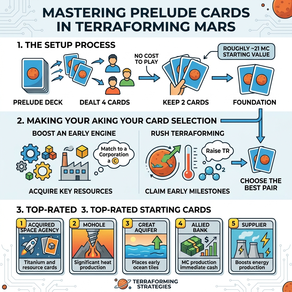 Infographic showing Prelude card setup process, card selection, and top-rated starting cards - terraforming mars prelude