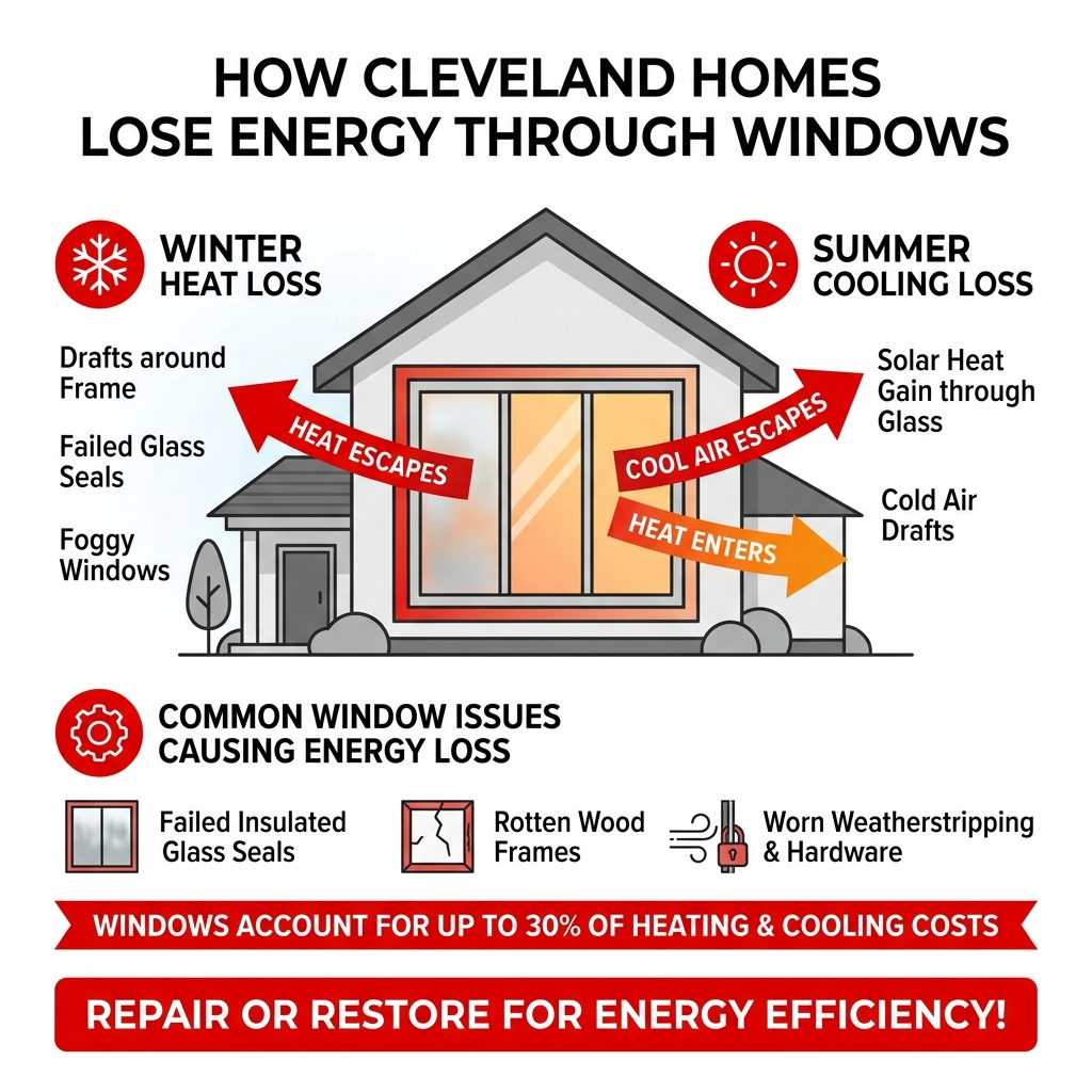 Infographic showing how windows lose heat and cooling energy in a Cleveland home - window repair cleveland oh infographic 