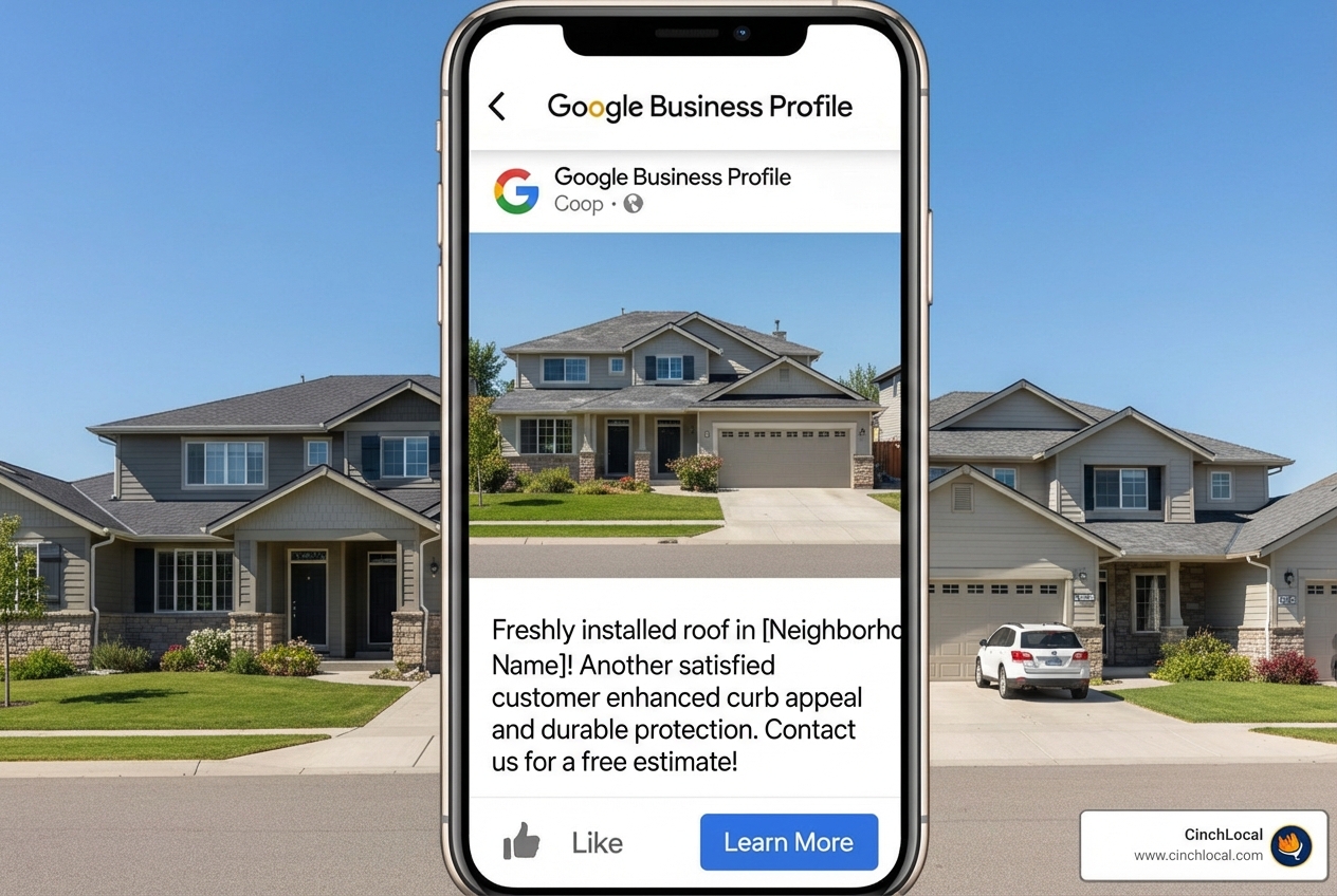 Google Business Profile post from a roofing company highlighting a recent local project - content marketing for local seo Google Business Profile post from a roofing company highlighting a recent local project - content marketing for local seo