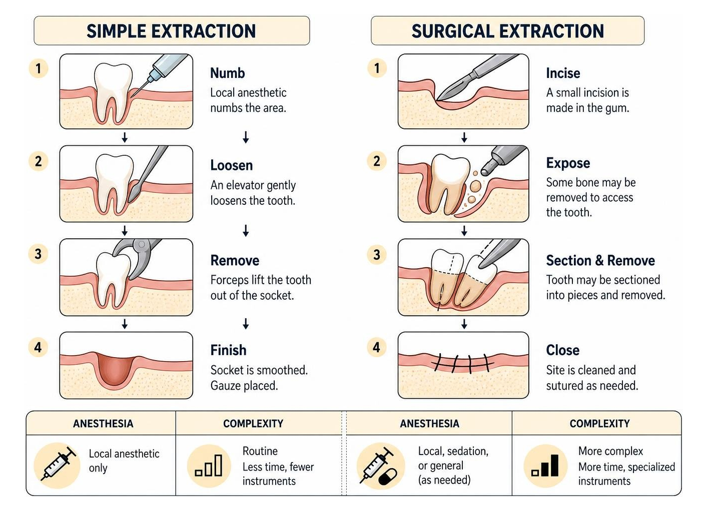 Diagram showing the difference between a simple extraction and a surgical extraction Diagram showing the difference between a simple extraction and a surgical extraction