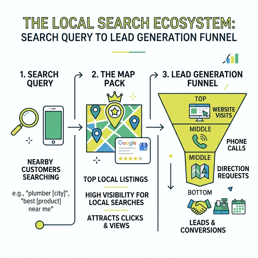 Local search ecosystem showing search query to Map Pack to lead generation funnel - local seo company infographic Local search ecosystem showing search query to Map Pack to lead generation funnel - local seo company infographic