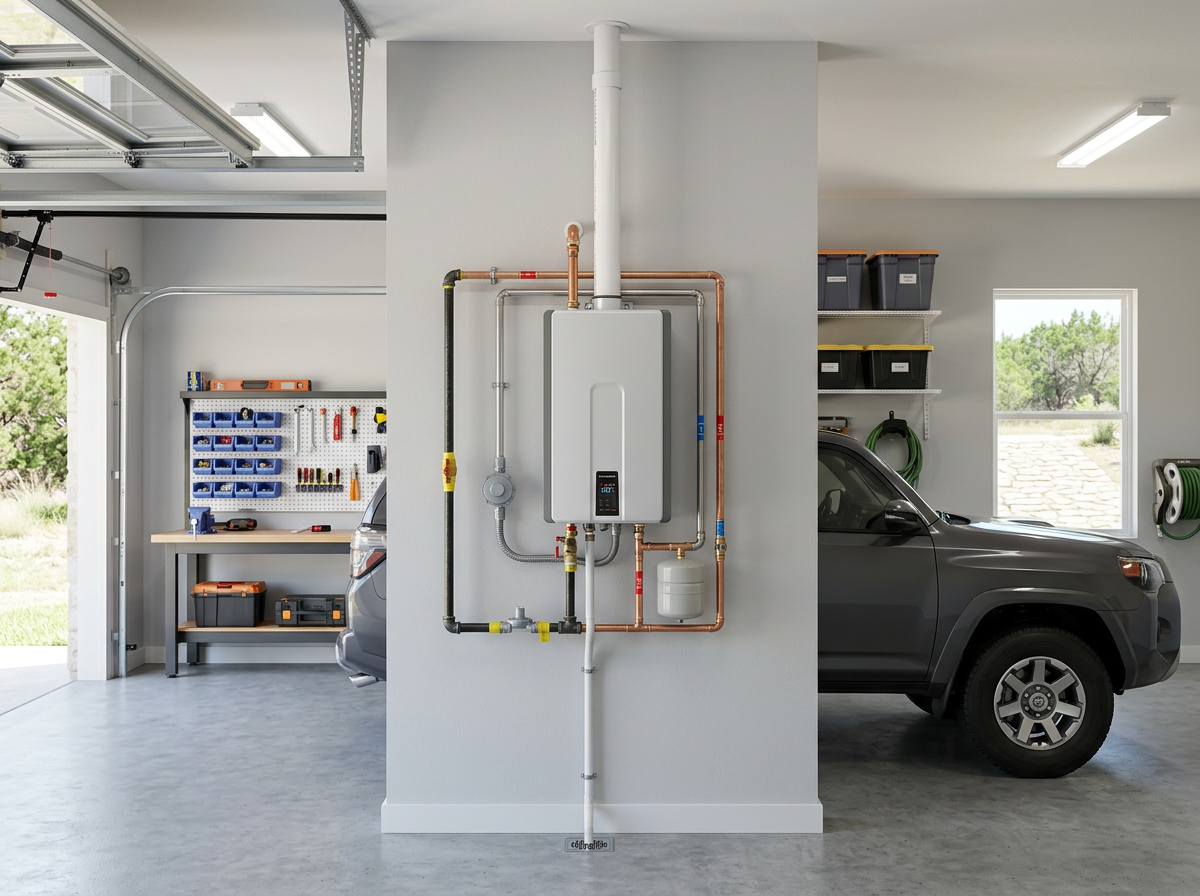 newly installed energy-efficient water heater in a Bandera Texas garage newly installed energy-efficient water heater in a Bandera Texas garage