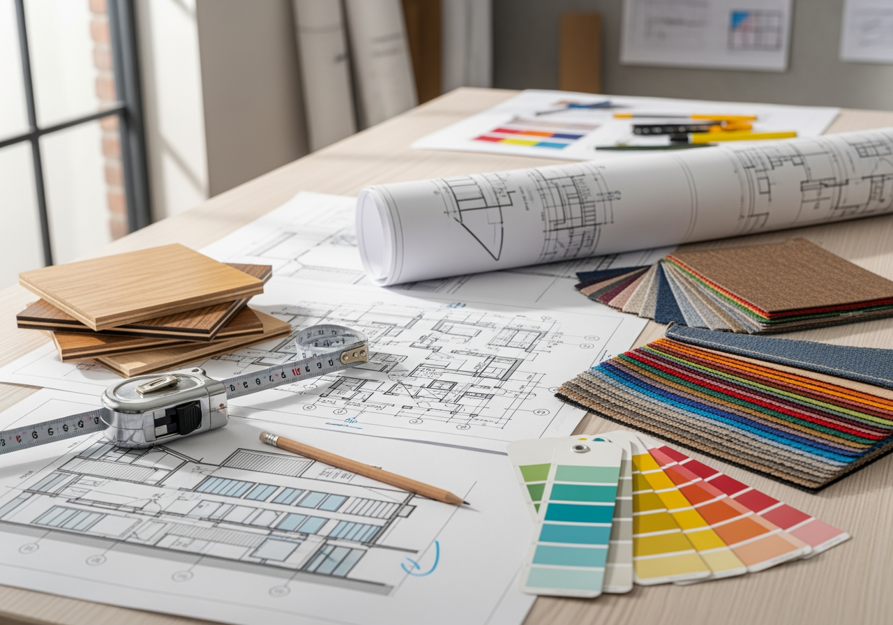 architectural blueprints and material samples on a table - home renovation project management