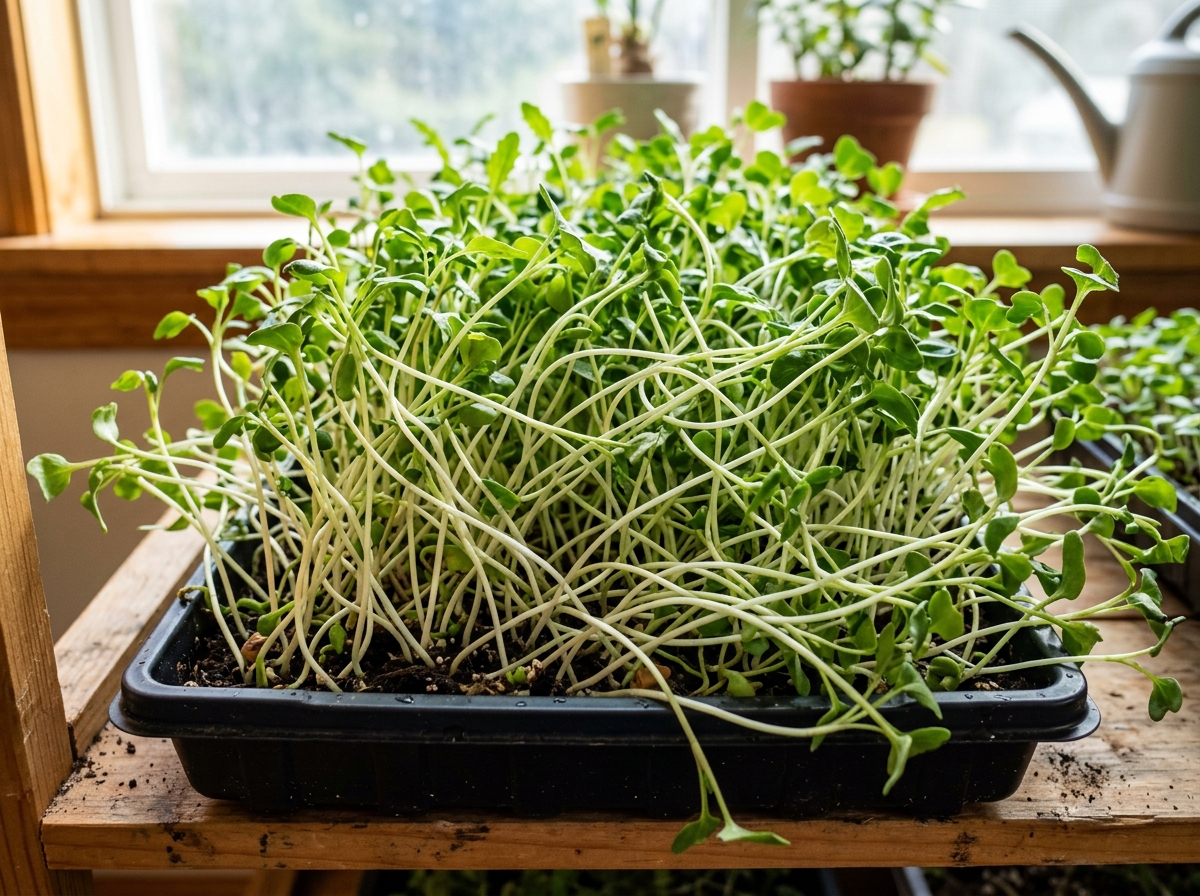 Overgrown and leggy microgreens showing elongated stems and developed true leaves - what happens if you let microgreens grow